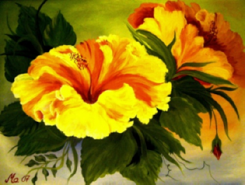 Gelber Hibiskus, l auf Hartfaserplatte, 80 x 60 cm